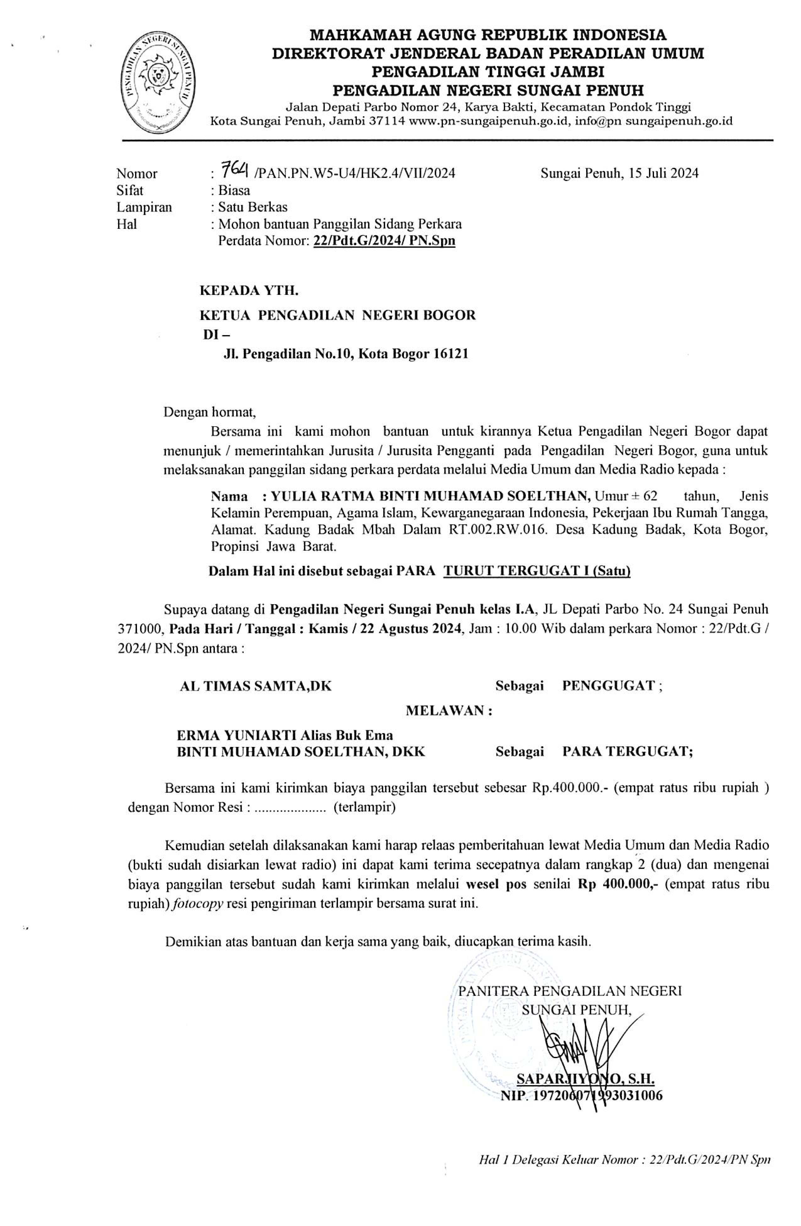 Panggilan Sidang Perkara Perdata No. 22/Pdt.G/2024/PN.Spn